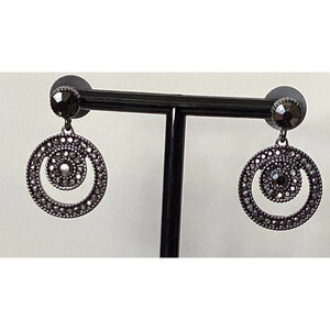 Liz Claiborne Gunmetal Marcasite Double Circle Dangle Pierced Earrings 1.25"
